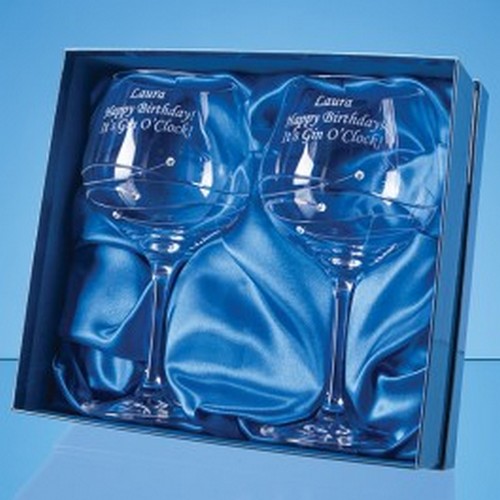 2 Diamante Gin Glasses with Spiral Design Cutting