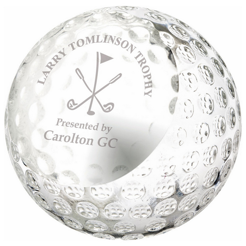 Crystal Golf Ball Trophy with personalisation panel | 80mm |