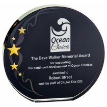 Circlular Glass Trophy | Black Background with Gold Stars | 135mm | 20mm Thick