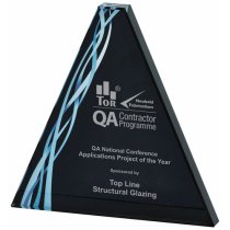 Triangular Blue Glass Trophy | Black Background | 200mm | 20mm Thick