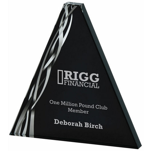 Triangular Silver Glass Trophy | Black Background | 200mm | 20mm Thick