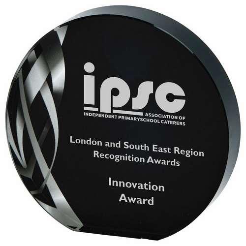 Circular Silver Glass Trophy | Black Background | 110mm | 20mm Thick