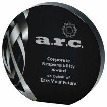 Circular Silver Glass Trophy | Black Background | 140mm | 20mm Thick