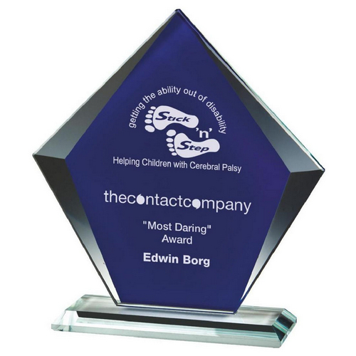 Clear/Blue Glass Diamond Stand Trophy | 195mm | 10mm Thick