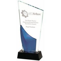 Clear Blue Glass Trophy with Black Base | 250mm | 15mm Thick
