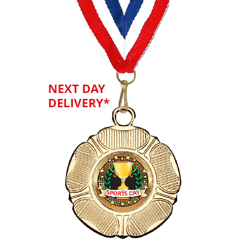 Sports Day Medal & Ribbon | Tudor Rose | Gold | 50mm | Unengraved