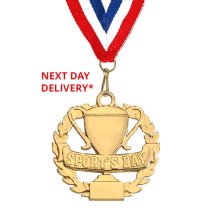 Sports Day Medal & Ribbon | Cup & Wreath | Gold | 50mm | Unengraved