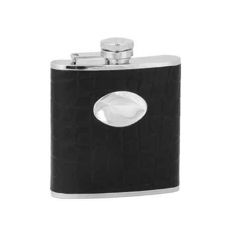 Hip Flask | Metal with Oval Initials Plate | Black Faux Leather Trim | 5oz | Captive Top