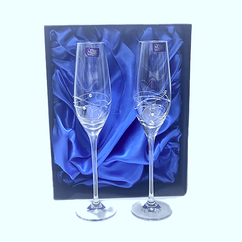 Shire County Cut Crystal Diamond Flute Glass | Set with Swarovski Crystals | Boxed Pair